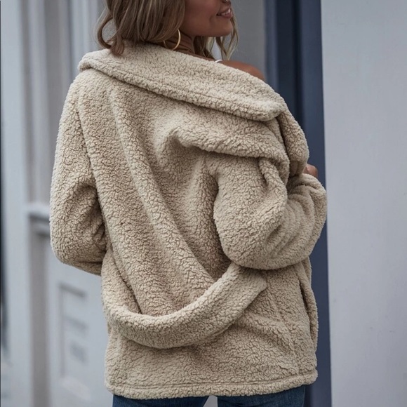 Double Breasted Teddy Pea Coat Jacket Tan khaki - Picture 2 of 3